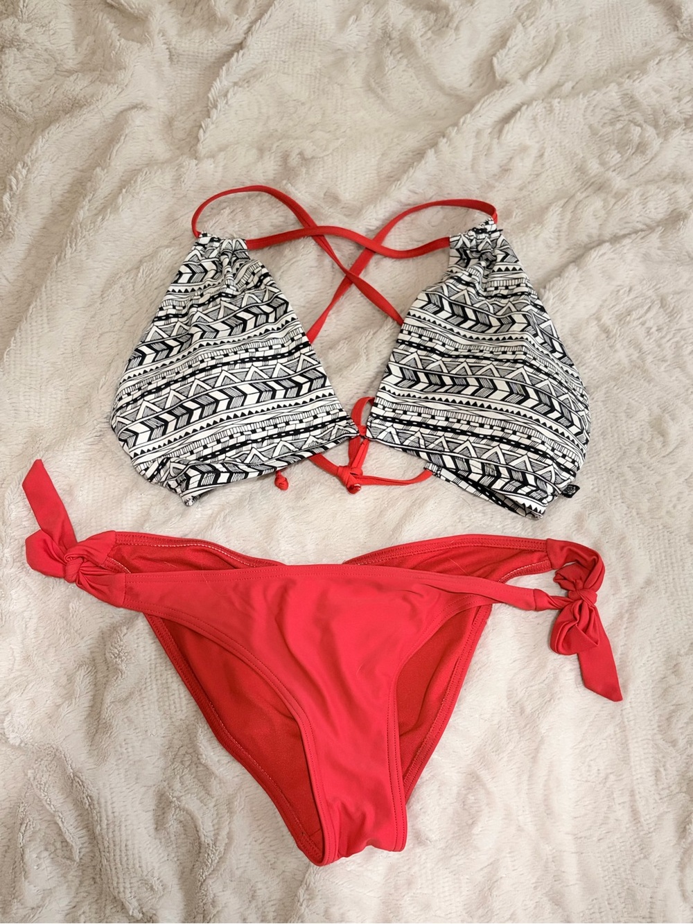 ✨3/$30 Black & White Aztec Print Bikini Top with Coral Red Tie-Side Bottoms